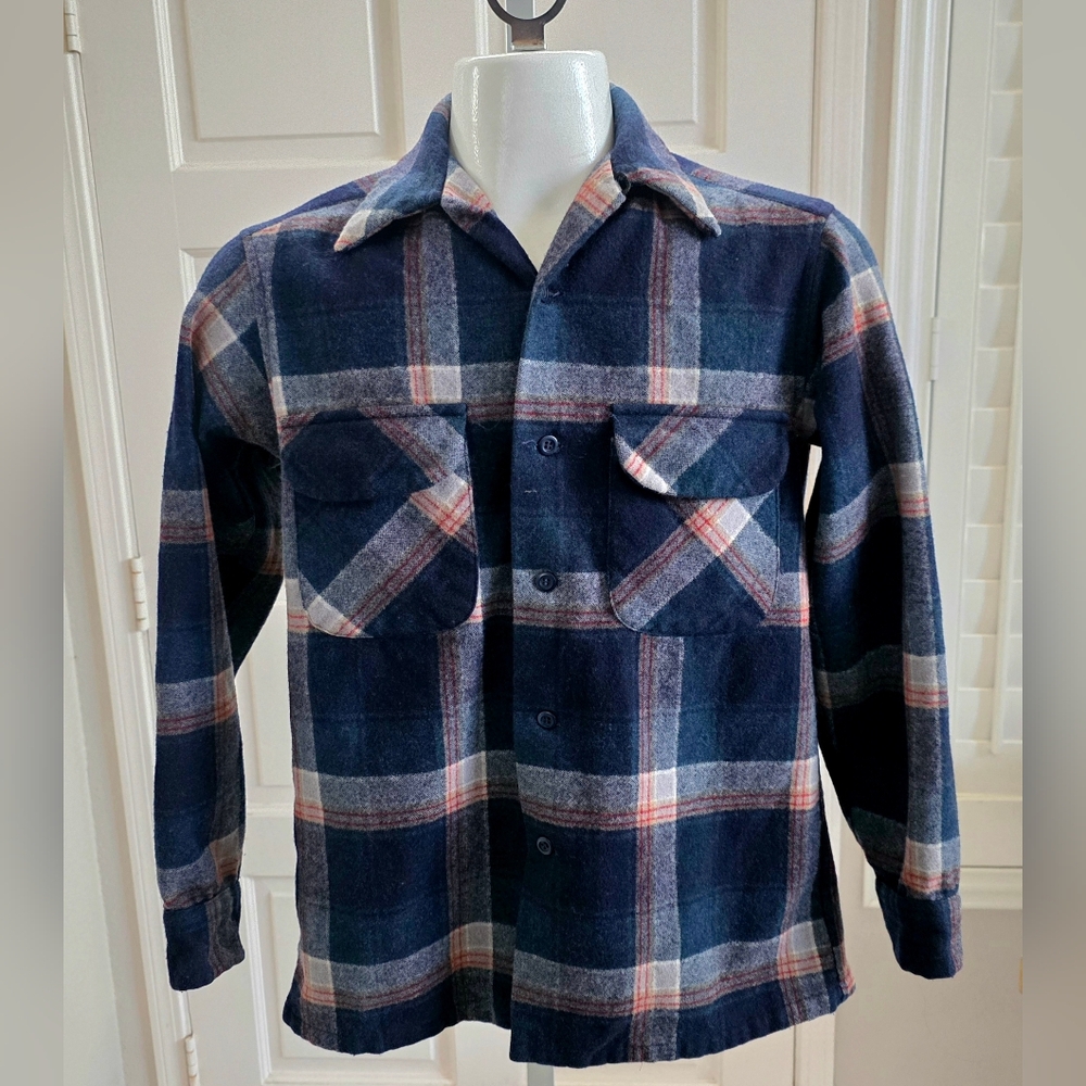 Pendleton 1970s 80s Wool Board Shirt Small Blue Plaid Loop Collar USA Made Vtg
